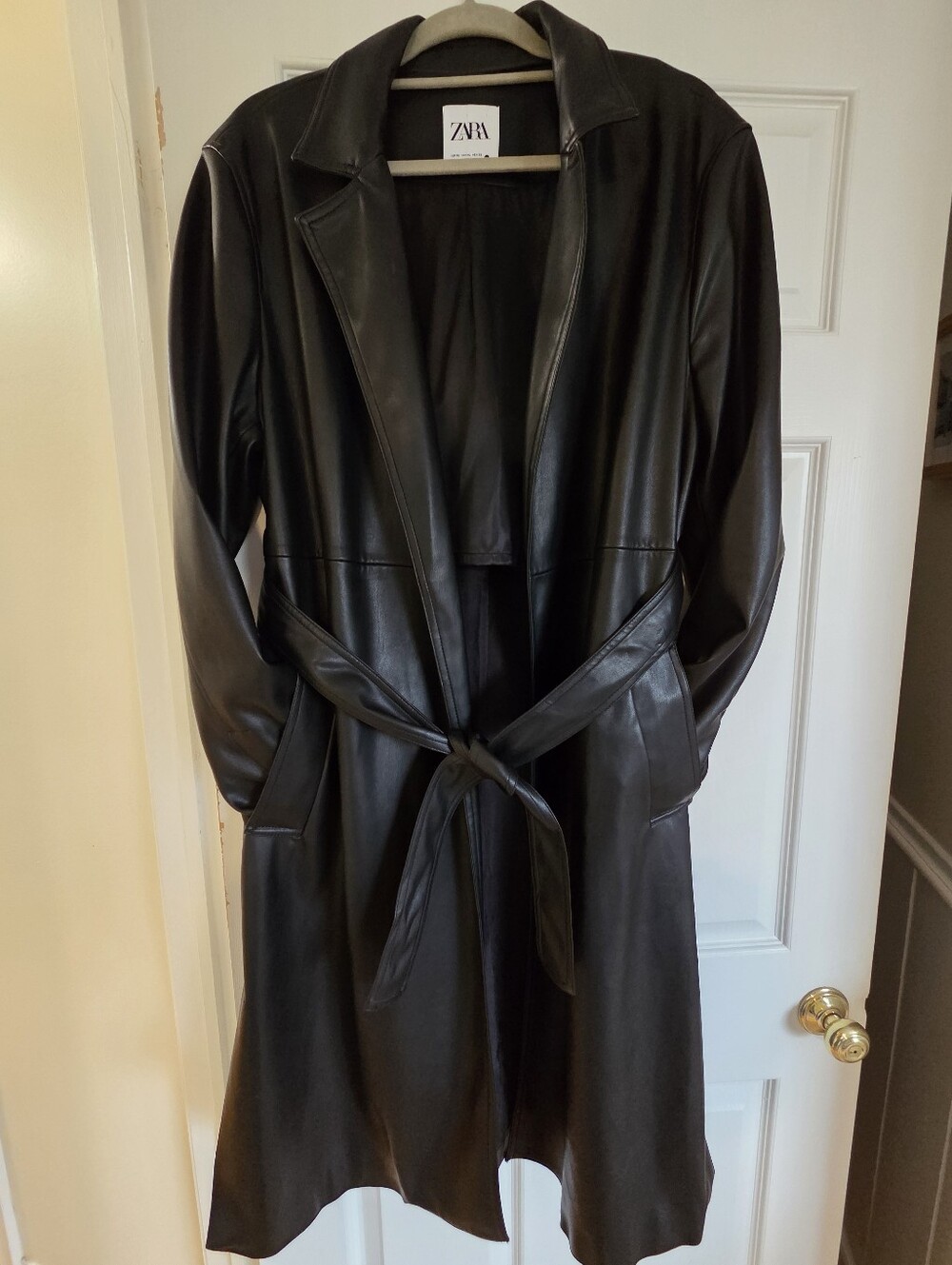 ZARA Black Faux Leather Belted Trench Coat XL